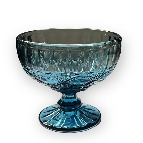 Vintage Embossed Blue Glass Pedestal Dessert, Ice Cream, Candy Dish - Picture 1 of 10